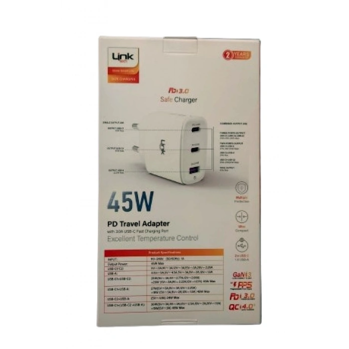 LİNKTECH 45w USB + USB-C (TYPE-C) Süper Hızlı Şarj Aleti Adaptörü Orjinal Muadil Ürün