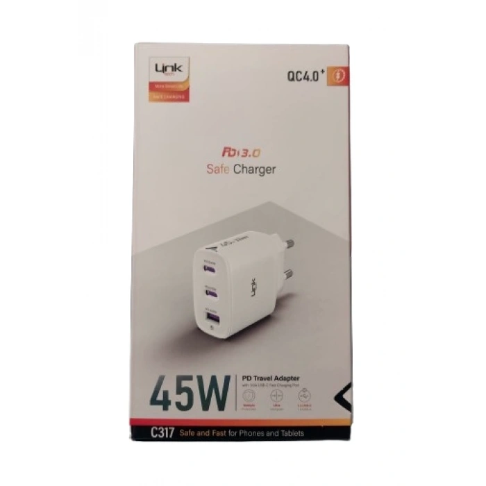 LİNKTECH 45w USB + USB-C (TYPE-C) Süper Hızlı Şarj Aleti Adaptörü Orjinal Muadil Ürün
