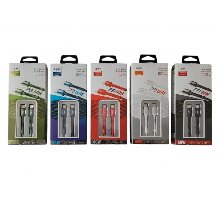 LİNKtech TYPE-C / TYPE-C 1m İp Örgülü Şarj Data Kablosu 60W 3A Siyah/Beyaz (USB-C / USB-C)