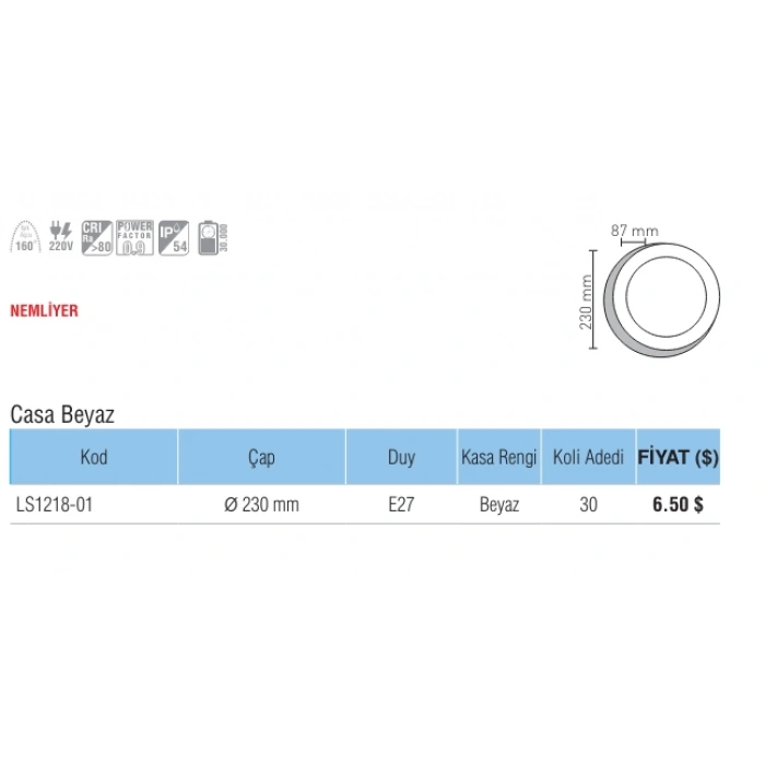 LUSTER 18W S.Ü. CASA KAFESLİ LED ARMATÜR BEYAZ KASA 6500K