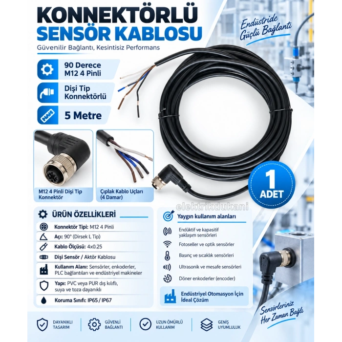 M12 4Pin 90 Derece Dönüşlü Dişi Tip Konnektörlü Sensör Kablosu 5 Metre