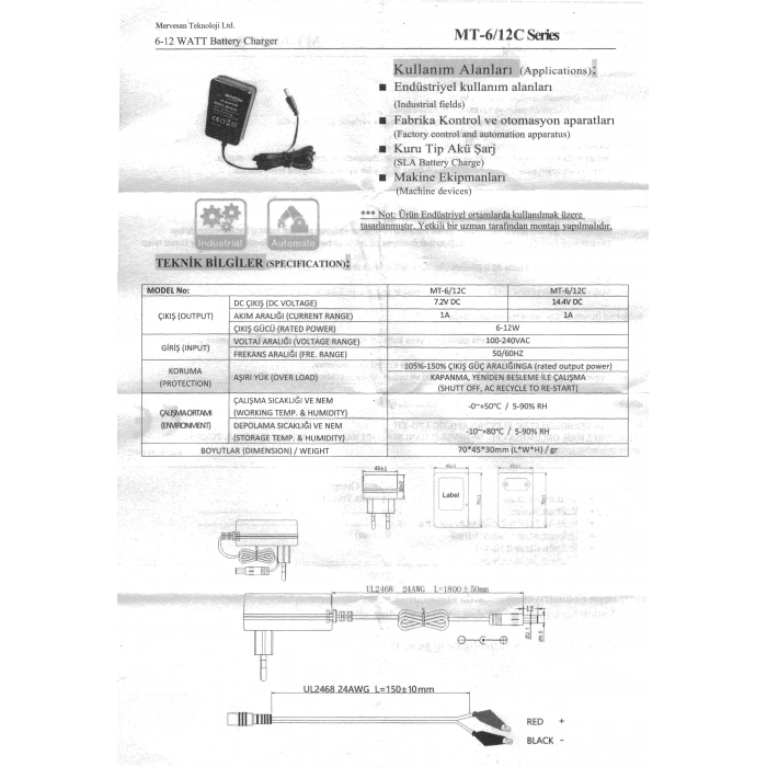 MERVESAN 6v / 12v 1A Akü Şarj Adaptörü 5.5x2.5mm Jaklı + Maşa Kıskaçlı (6 Volt 12 Volt 1 Amper 1000mA)
