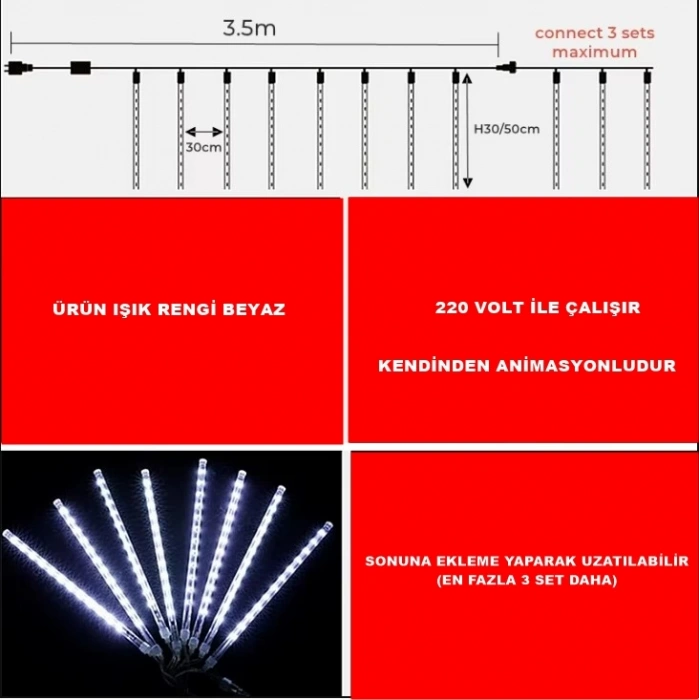Meteor Süsleme Ledi 3,5 mt 8 Çubuk Beyaz Işık 6500 K