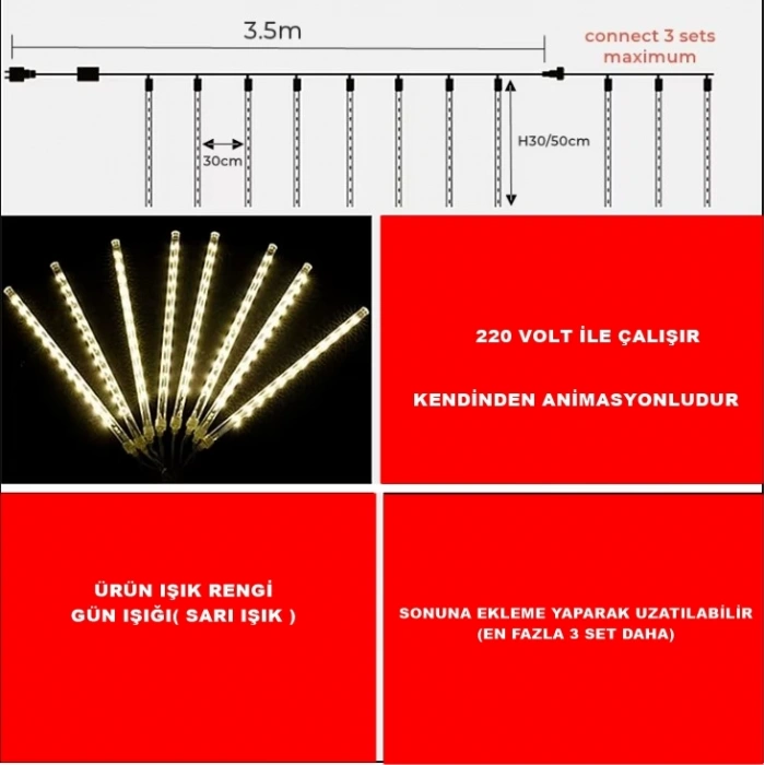 METEOR Süsleme Ledi SARI Işık 3500k 3.5 mt 41cm Lik 8 Çubuk Renk IP44 220 Voltt (GÜNIŞIĞI)