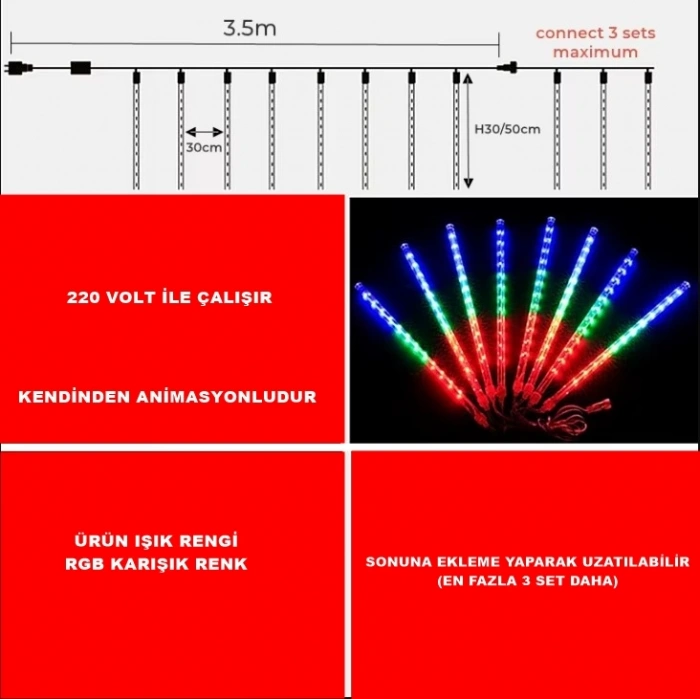 Meteor Süsleme Ledi RGB 3.5 mt 41cm Lik 8 Çubuk Renk IP44 220 Voltt