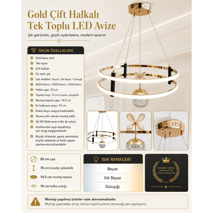 METİN Büyük Vesta Yuvarlak Led Avize GOLD (ALTIN) Kasa Tek Toplu Üç Renk 6500k/4000k/3000k (Beyaz /Ilık Beyaz/Sarı (Günışığı))