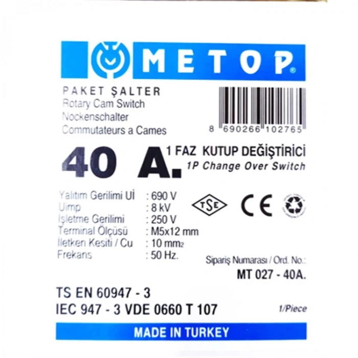 METOP 1x40A Bir Fazlı Monofaze Kutup Değiştirici Pako Şalter(1-0-2) Jeneratör Şalteri