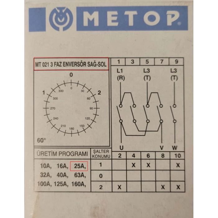 METOP 3x25A Üç Fazlı Trifaze Enversör Yön Değiştirici Pako Şalter(1-0-2 sağ - Sol)
