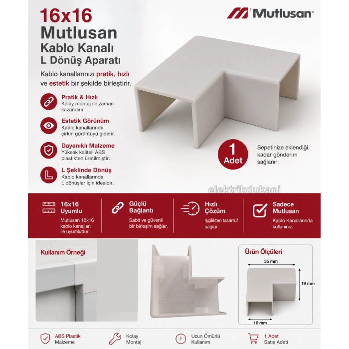 MUTLUSAN 16x16 Kablo Kanalı 90 L Köşe Dönüş Ek Parçası Plastik Beyaz