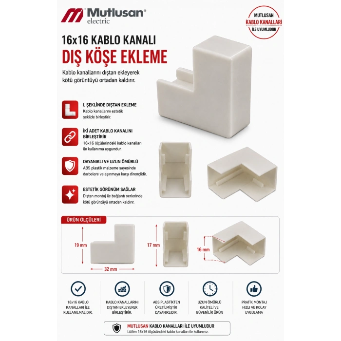 MUTLUSAN 16x16 Kablo Kanalı DIŞ Köşe Plastik Beyaz