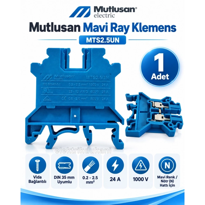MUTLUSAN 2.5mm MAVİ Ray Klemens Vidalı Tip 1000v 24A MTS2.5UN