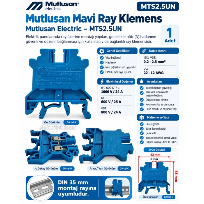 MUTLUSAN 2.5mm MAVİ Ray Klemens Vidalı Tip 1000v 24A MTS2.5UN