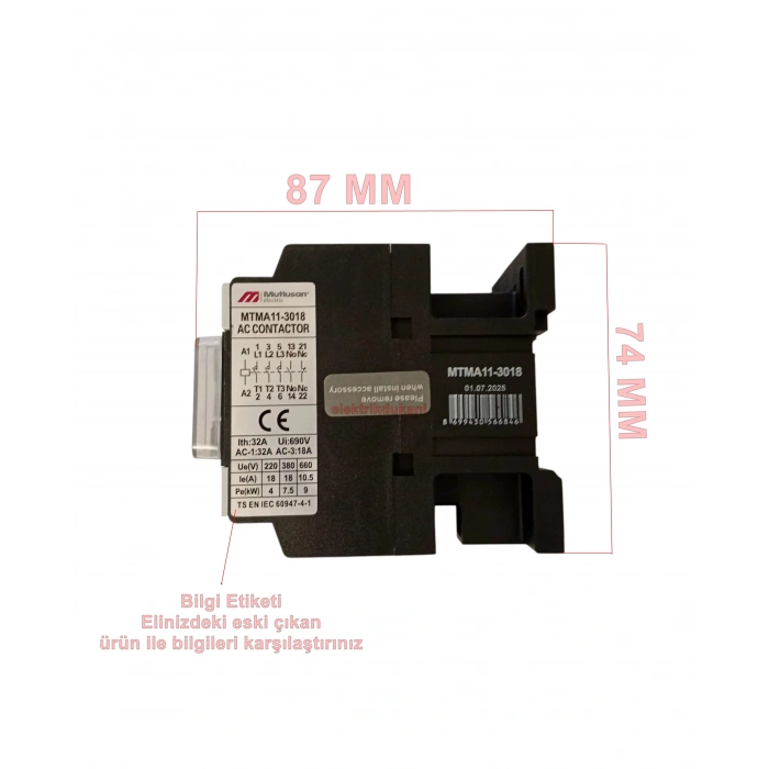 MUTLUSAN 3P 18A 7.5KW AC Kontaktör 220v 1NO+1NC (18 Amper 220 Volt 1 Açık 1 Kapalı Kontak Trifaze Kontaktör)