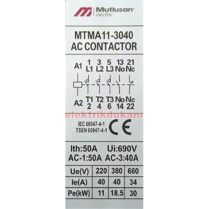 MUTLUSAN 3P 40A 18.5KW AC Kontaktör 220v 1NO+1NC (40 Amper 220 Volt 1 Açık 1 Kapalı Kontak Trifaze Kontaktör)