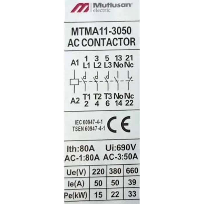 MUTLUSAN 3P 50A 22KW AC Kontaktör 220v 1NO+1NC (50 Amper 220 Volt 1 Açık 1 Kapalı Kontak Trifaze Kontaktör)