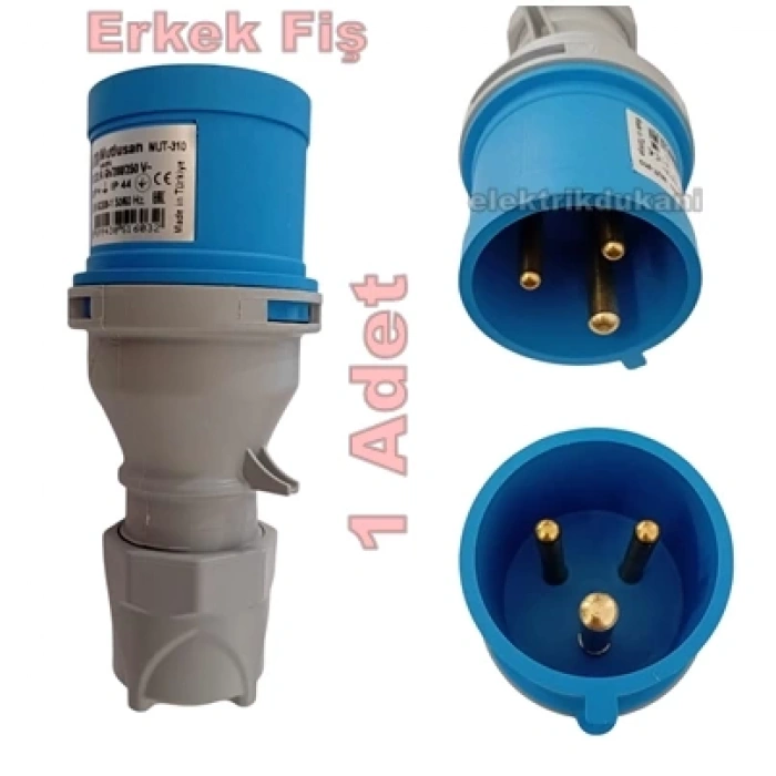 MUTLUSAN 3x32A CEE Norm Monofaze Düz Fiş 2P+T IP44 (MUT-310 220v Volt Sanayi Tip)