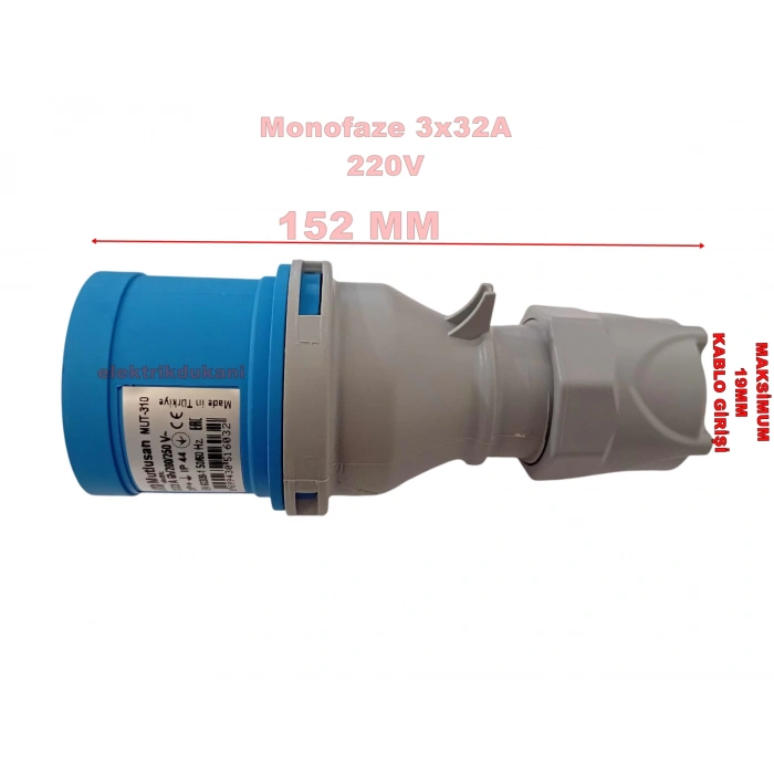 MUTLUSAN 3x32A CEE Norm Monofaze Düz Fiş 2P+T IP44 (MUT-310 220v Volt Sanayi Tip)