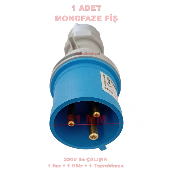 MUTLUSAN 3x32A CEE Norm Monofaze Düz Fiş 2P+T IP44 (MUT-310 220v Volt Sanayi Tip)