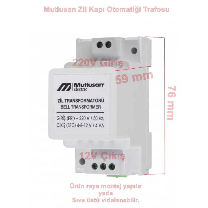 MUTLUSAN 4-8-12 12V/ 4V A Ac Zil ve Kapı Otomatiği Trafosu Transformatör