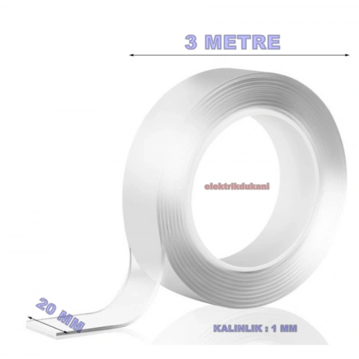 Nano Teknoloji Süper Yapıştırıcı Çift Taraflı Şeffaf Bant 1mm x 20mm x 3metre