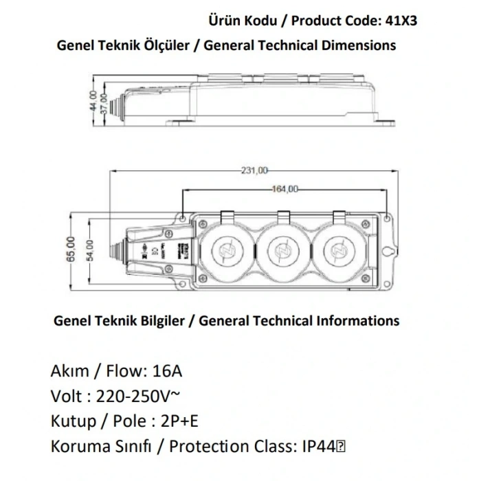 NEAD 1x16A Seyyar Üçlü Kauçuk Grup Priz Kapaklı 220v IP54