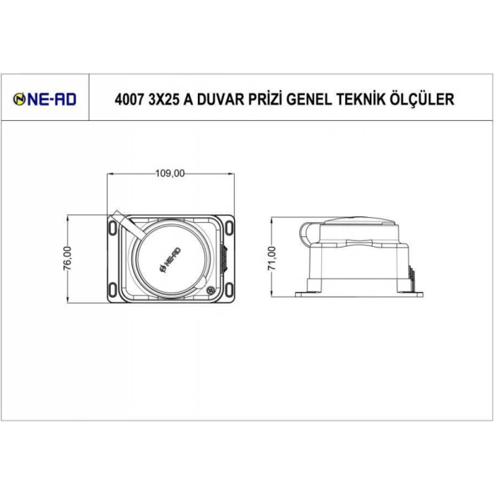 NEAD 3x25A Kauçuk Kapaklı Sıva Üstü Trifaze Priz Duvar Prizi 4x25