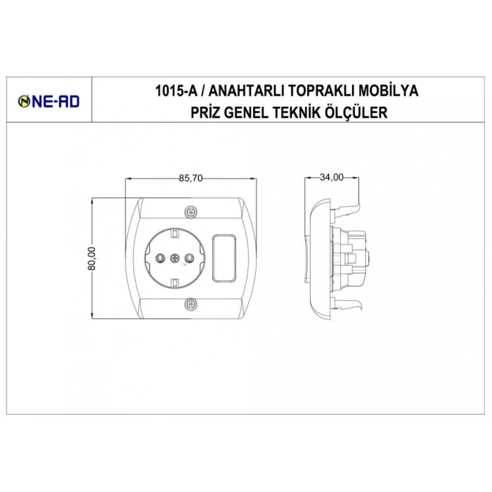 NEAD Anahtarlı Topraklı Priz Beyaz (Mobilya Prizi)