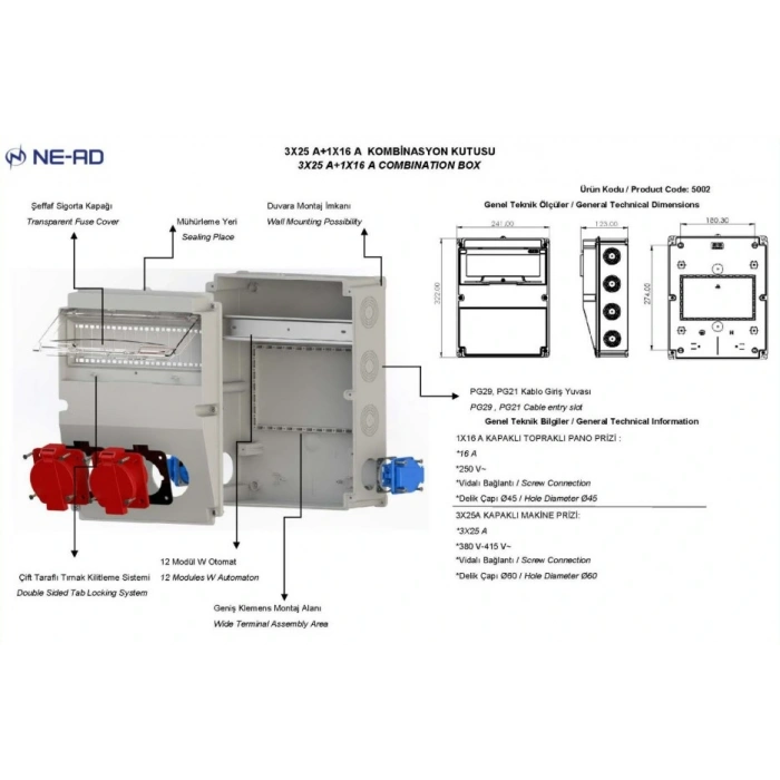 NEAD Kombinasyon Kutusu 2 Adet 3x25 Trifaze Priz + 2 Adet 1x16 Monofaze Priz Montajlı Kombinasyon Panosu