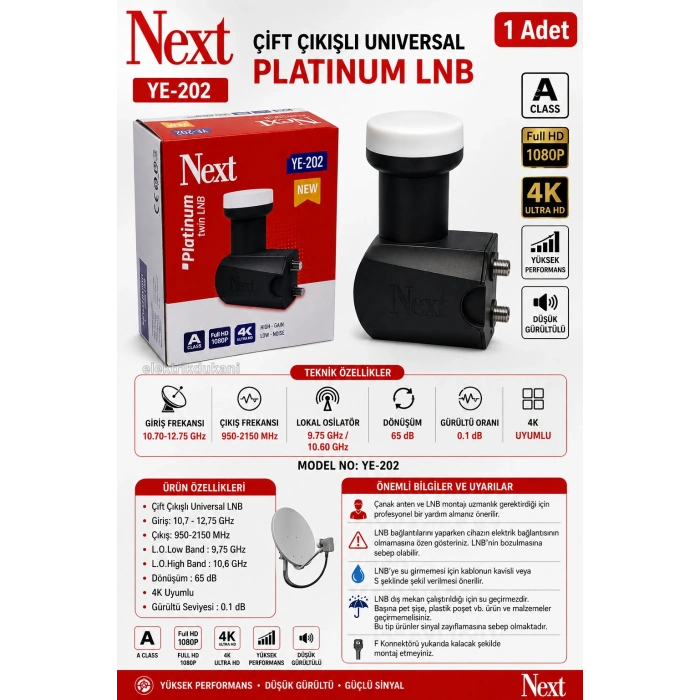 NEXT YE-202 2li Platinum Çiftli LNB 0.1dB Full HD 4K Universal LNBF (İkili Elenbi) Kaliteli