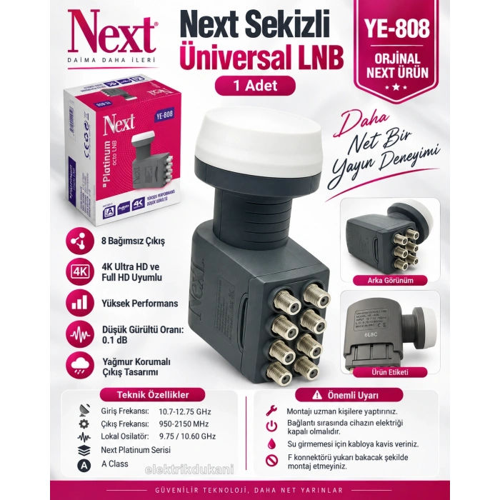 NEXT YE-808 8li Platinum Sekizli LNB 0.1dB Full HD 4K Universal LNBF Kaliteli (Elenbi)