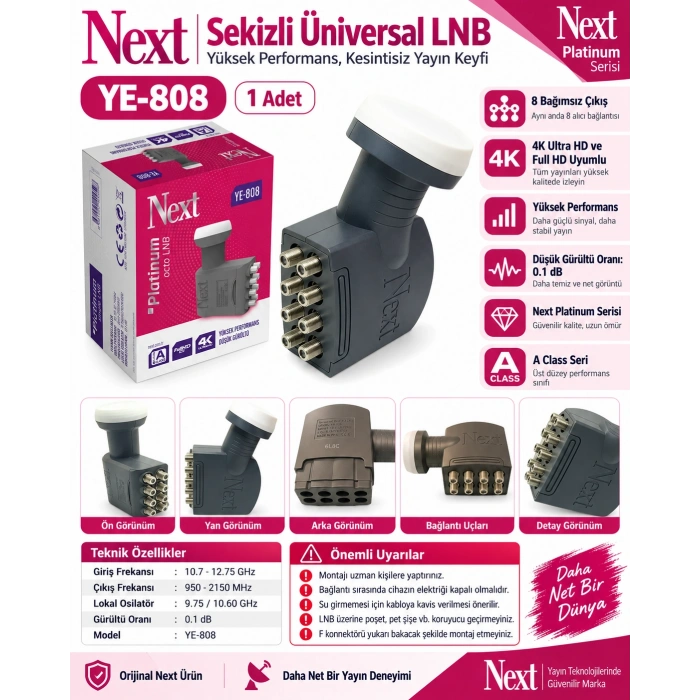 NEXT YE-808 8li Platinum Sekizli LNB 0.1dB Full HD 4K Universal LNBF Kaliteli (Elenbi)