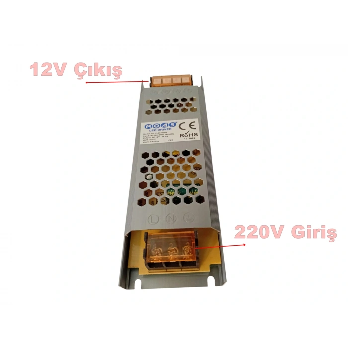 NOAS Süper Slim 12v 16.5A Şerit Led Trafosu 60w IP20 (12 Volt 16.5 Amper 15mt ye Kadar Kullanım İçin Uygundur)