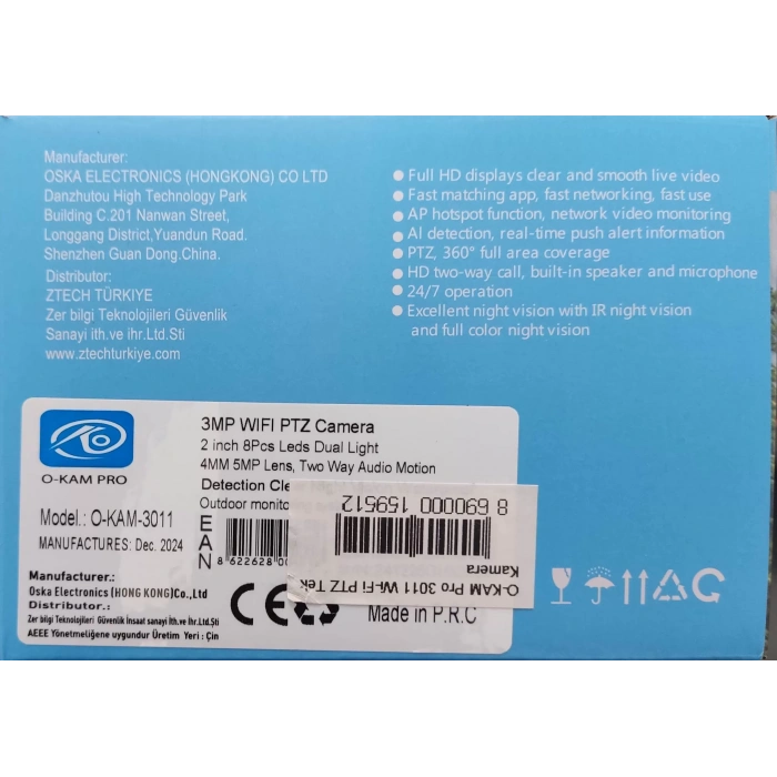 O-KAM Pro 3011 Wi-Fi PTZ 360? İç ve Dış Mekan Akıllı Kamera 3MP - 5MP IP66