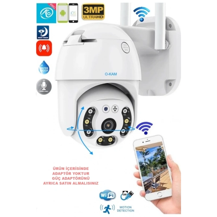 O-KAM Pro 3011 Wi-Fi PTZ 360? İç ve Dış Mekan Akıllı Kamera 3MP - 5MP IP66