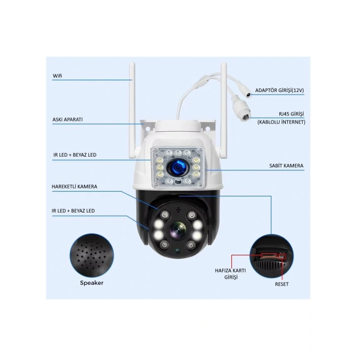 O-KAM Pro 3012 Wi-Fi PTZ İki Kameralı 360? İç ve Dış Mekan Akıllı Kamera 3MP - 5MP IP66 (1 Hareketli 1 Sabit Wifi li)