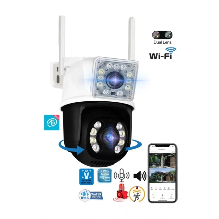 O-KAM Pro 3012 Wi-Fi PTZ İki Kameralı 360? İç ve Dış Mekan Akıllı Kamera 3MP - 5MP IP66 (1 Hareketli 1 Sabit Wifi li)