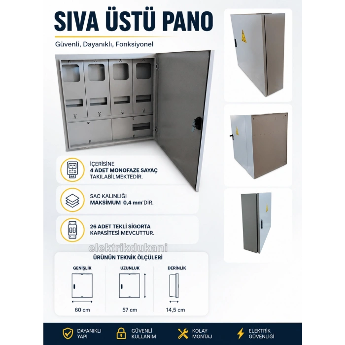 ÖZPA 1054 Sıva Üstü 4 Monofaze Sayaçlı 26 Otomatlı Elektrik Panosu IP40 S. Ü.