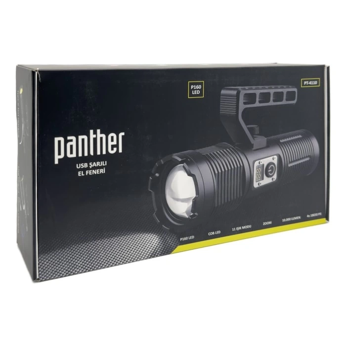 PANTHER 40W Şarjlı Ledli Profesyonel El Feneri 10.000Lm 3,7vX4 Adet Pil