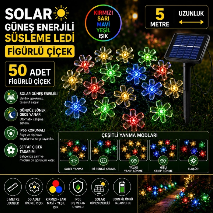 PAPATYA Çiçek Şekilli Solar Güneş Enerjili RGB 5mt Dış Mekan 50li Slikon Süsleme Ledli IP65