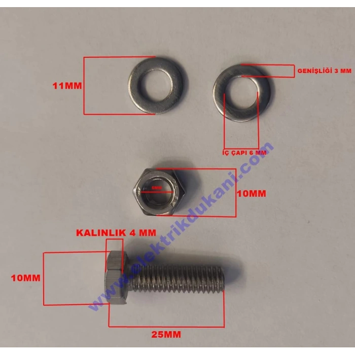PASLANMAZ METRİK 6 KROM 25MM CİVATA+SOMUN+PUL
