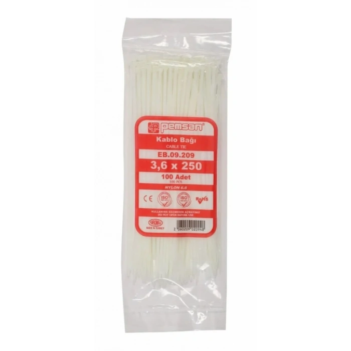 PEMSAN Klips Kablo Bağı 3.6x250 BEYAZ (100lü Paket) Kablo Cırdı