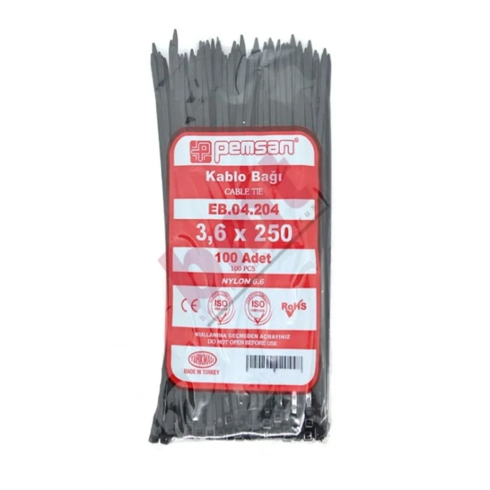 PEMSAN Klips Kablo Bağı 3.6x250 SİYAH (100lü Paket) Kablo Cırdı