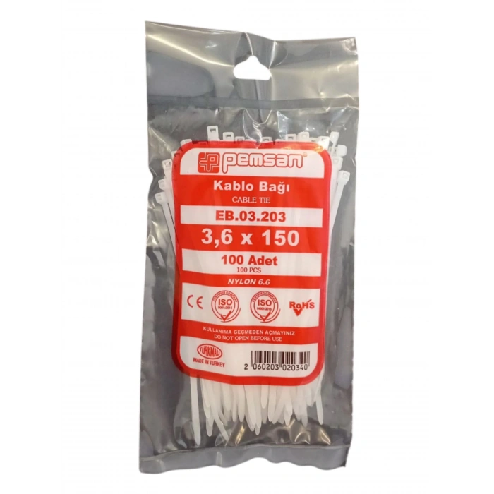 PEMSAN Klips Kablo Bağı 3.6x150 BEYAZ (100lü Paket) Kablo Cırdı