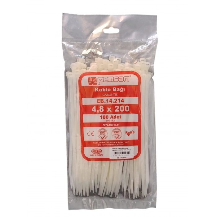 PEMSAN Klips Kablo Bağı 4.8x200 BEYAZ (100lü Paket) Kablo Cırdı