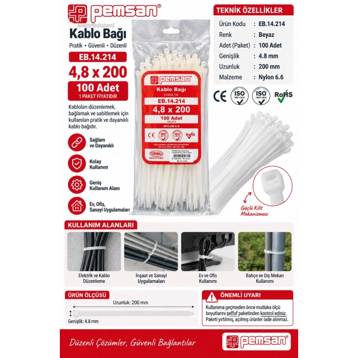 PEMSAN Klips Kablo Bağı 4.8x200 BEYAZ (100lü Paket) Kablo Cırdı
