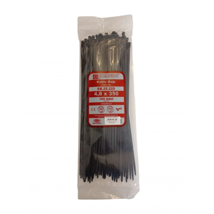 PEMSAN Klips Kablo Bağı 4.8x350 SİYAH (100lü Paket) Kablo Cırdı