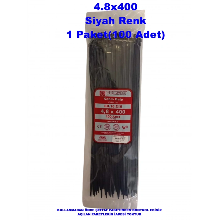 PEMSAN Klips Kablo Bağı 4.8x400 SİYAH (100lü Paket) Kablo Cırdı