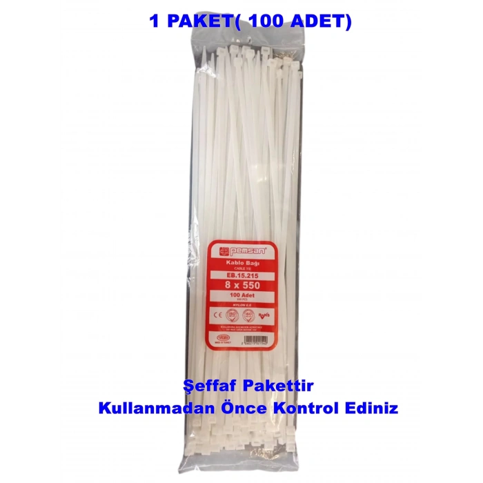 PEMSAN Klips Kablo Bağı 8x550 BEYAZ (100lü Paket) Kablo Cırdı