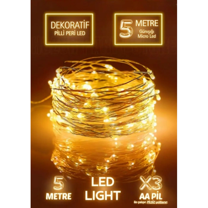 Peri Led 5mt Pilli Süsleme Ledi SARI Işık 3200k (5 Metrelik Günışığı Piller Hariç)