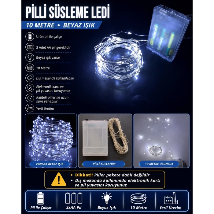 Peri Led BEYAZ Işık 6400k 10mt Pilli Süsleme Ledi (10 Metrelik Piller Hariç )
